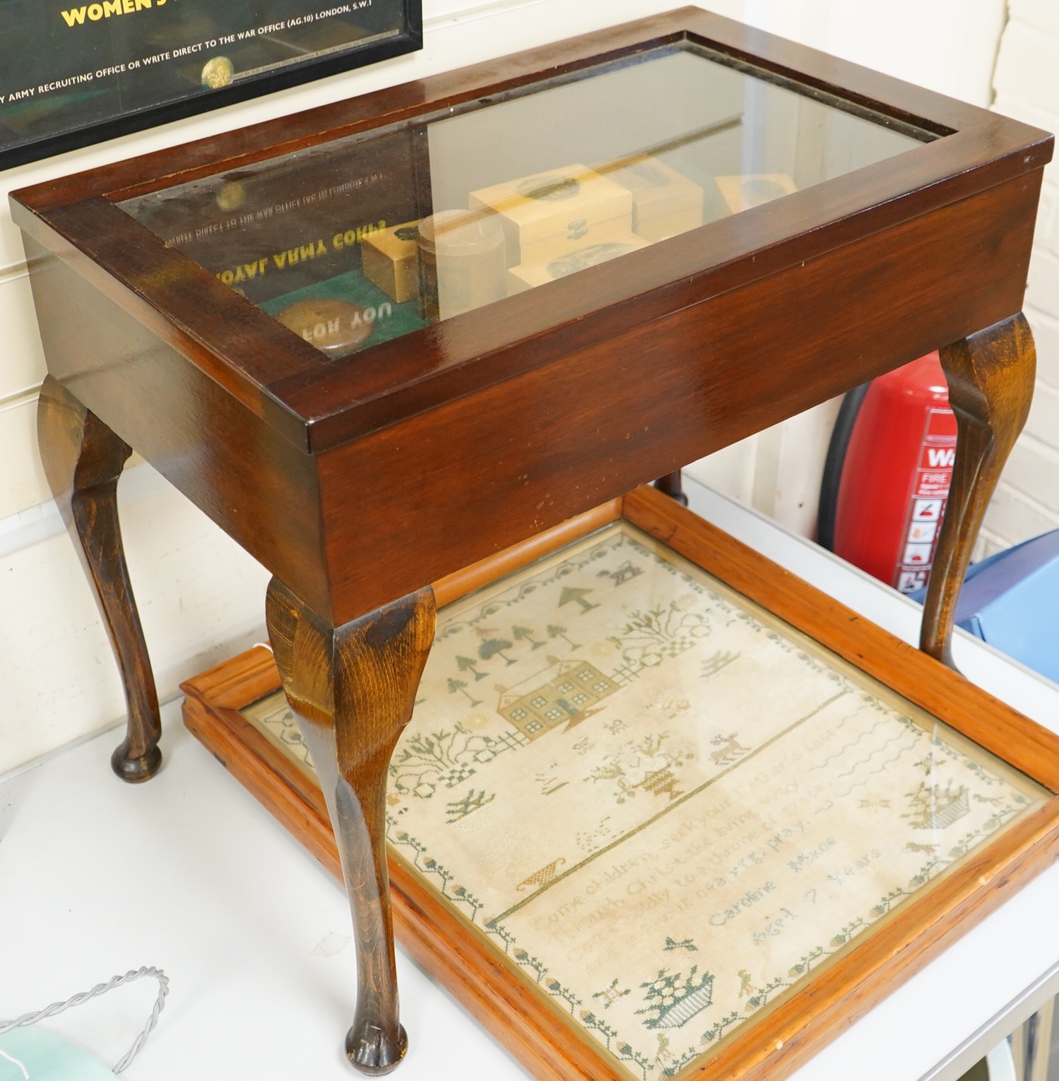 A mahogany display cabinet, with twelve Mauchlineware boxes etc. cabinet 52cm high